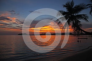 Swing or cradle hang on coconut tree beautiful sunset at koh Mak beach Trad Thailand