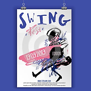 Swing Dance party poster with grunge stains, lines and modern shapes. Music event flyer