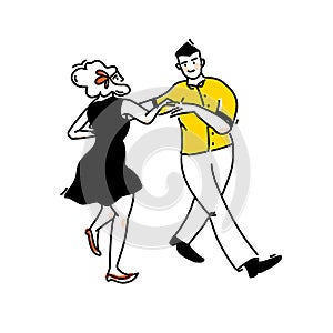 Swing dance, young couple in retro outfit. Funny fast shag. Girl in black dress and red flower in hair. Man in yellow