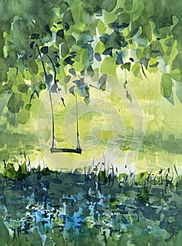A swing in the garden in spring watercolor background