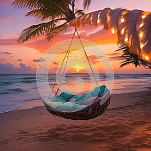 Swing or hammock in tropical beach at sunset