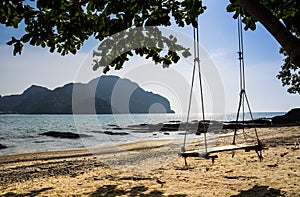 Swing hang from tree over beach, Island Koh Phi Phi Don, Thailand