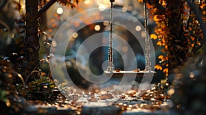 A swing hanging from a tree in the middle of autumn leaves, AI