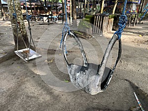 A swing hanging on the tree in the park for leisure activities.