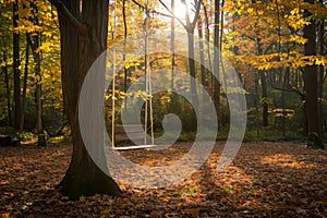 A swing hangs in the center of a wooded area, surrounded by tall trees and lush greenery, A tree swing for two in a secluded