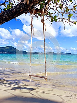 Swing on idyllic beach of the caribbean sea with turquoise water, coastal vegetation and tropical blue sky of the French Antilles