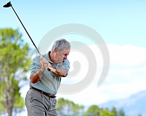 Swing, old man or golfer playing golf for fitness, workout or stroke exercise on a course in retirement. Mature, golfing