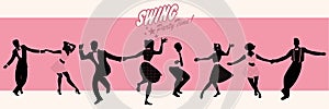 Swing Party Time: Silhouettes of four young couple wearing retro clothes dancing swing or lindy hop