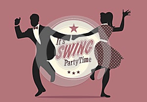Swing Party Time: Silhouettes of young couple wearing retro clothes dancing swing or lindy hop photo
