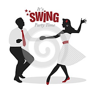 Swing Party Time: Silhouettes of young couple wearing retro clothes dancing swing or lindy hop