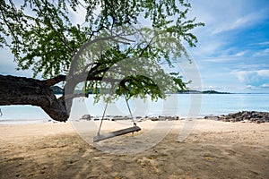 Swing rope hanging from the tree at the white beach Samaesan Island, Chonburi Province, Thailand. photo