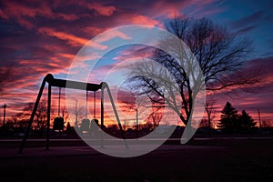 swing set silhouetted against twilight sky