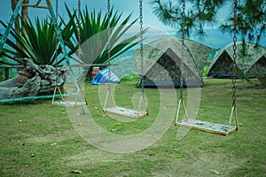 A swing on top of a misty mountain view at Viewpoint