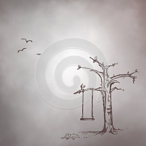 A swing tree, a doll left on the ground and birds.