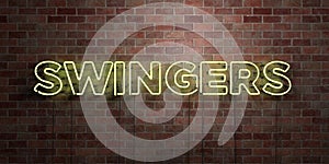 SWINGERS - fluorescent Neon tube Sign on brickwork - Front view - 3D rendered royalty free stock picture photo