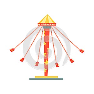 Swinging carousel with seats on chains. Entertainment and family recreation. Amusement park or funfair element. Flat
