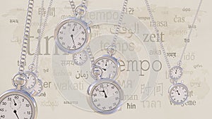 Swinging retro stopwatches against same inscriptions in different languages. Time, transience and timezone concepts. 3D