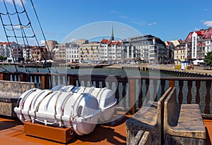 Swinoujscie. City embankment and bay on a sunny day.