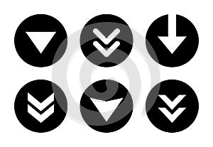 Swipe down arrow button icon set on black circle. Scroll button vector