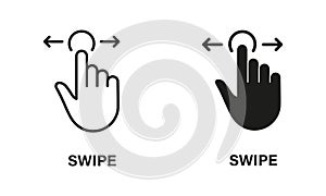 Swipe Gesture to Right and Left, Hand Cursor of Computer Mouse Line and Silhouette Black Icon Set. Pointer Finger