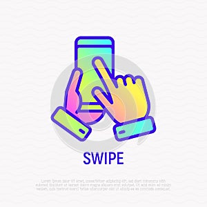 Swipe by hand on mobile phone thin line icon