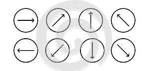 Swipe icon set. Arrow on circle button symbol. Arrow up, down, left, right and diagonal. Abstract scroll icon element