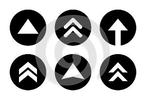 Swipe up arrow button icon on black circle. Scroll button vector