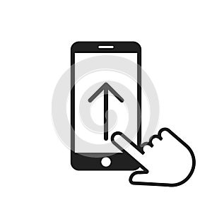 Swipe up arrow on smartphone icon with hand or pointer. Phone screen. Move finger