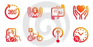 Swipe up, 360 degrees and Prescription drugs icons set. Bicycle parking, Hold heart and Laureate award signs. Vector photo