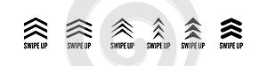 Swipe up icon vector button. scroll arrow pointing up. drag to read learn more. isolated white background. internet graphic