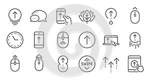 Swipe up line icons. Scrolling mouse, landing page swipe signs. Linear set. Vector