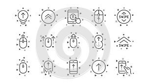 Swipe up line icons. Scrolling mouse, landing page swipe signs. Linear set. Vector