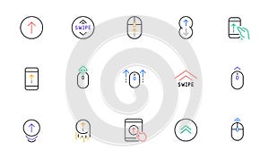 Swipe up line icons. Scrolling mouse, landing page swipe signs. Linear set. Vector