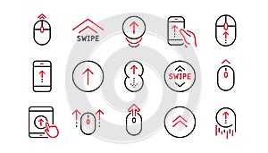 Swipe up line icons. Scrolling mouse, landing page swipe signs. Linear set. Vector