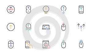 Swipe up line icons. Scrolling mouse, landing page swipe signs. Linear set. Vector