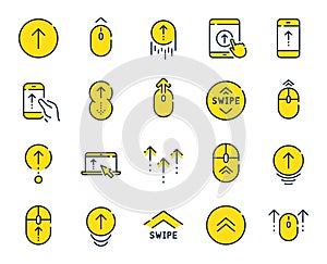 Swipe up line icons. Scrolling mouse, landing page swipe signs. Vector