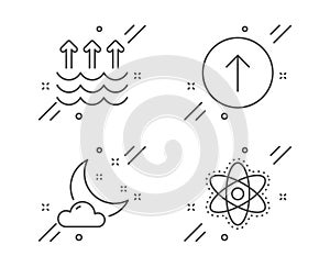 Swipe up, Night weather and Evaporation icons set. Chemistry atom sign. Scroll screen, Sleep, Global warming. Vector