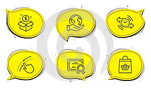 Swipe up, Post package and Online buying icons set. Timer sign. Touch down, Postbox, Shopping cart. Stopwatch. Vector