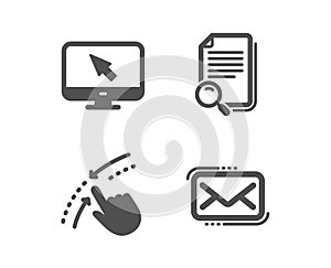 Swipe up, Search file and Internet icons. Messenger mail sign. Touch down, Find document, Monitor with cursor. Vector