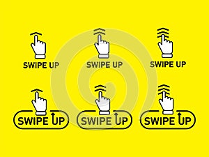 Swipe up, set of buttons for social media. Scroll or swipe up set. Arrows, buttons and web icons for advertising and marketing in