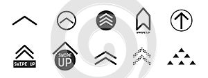 Swipe up slide arrow button, scroll ui icon. Interface simple sign, set of buttons for social media symbol. Swipe up