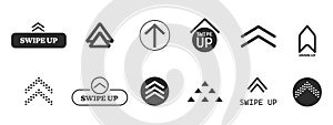 Swipe up slide arrow button, scroll ui icon. Interface simple sign, set of buttons for social media symbol. Swipe up