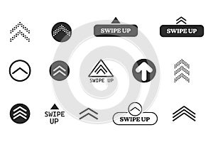 Swipe up slide arrow button, scroll ui icon. Interface simple sign, set of buttons for social media symbol. Swipe up