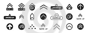 Swipe up slide arrow button, scroll ui icon. Interface simple sign, set of buttons for social media symbol. Swipe up