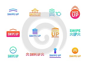 Swipe up. Social media interface buttons. Different arrows for mobile application. Video stories link drag or
