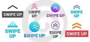 Swipe up. Social media story post button, up arrow icon and swipe action pictogram vector Illustration set