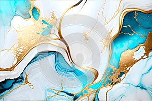 Swirl of blue gold marble abstract background, Liquid marble design abstract, light blue azure tones with golden, Paint marble