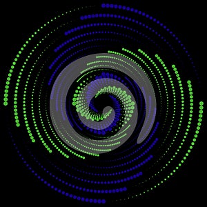 swirl of blue green balls, abstract spiral rotating and twisting lines, computer generated background, 3D rendering background