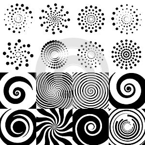 Swirl elements. Hypnotic geometric sign, black halftone rounds. Isolated dotted circles vector collection