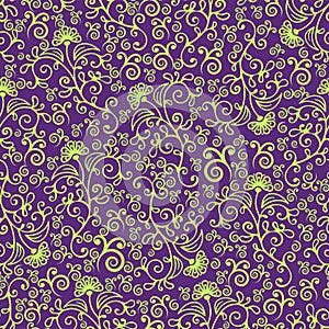 Swirl floral abstract seamless pattern, light green ornament with curls on purple background, bright colorful petals and flower